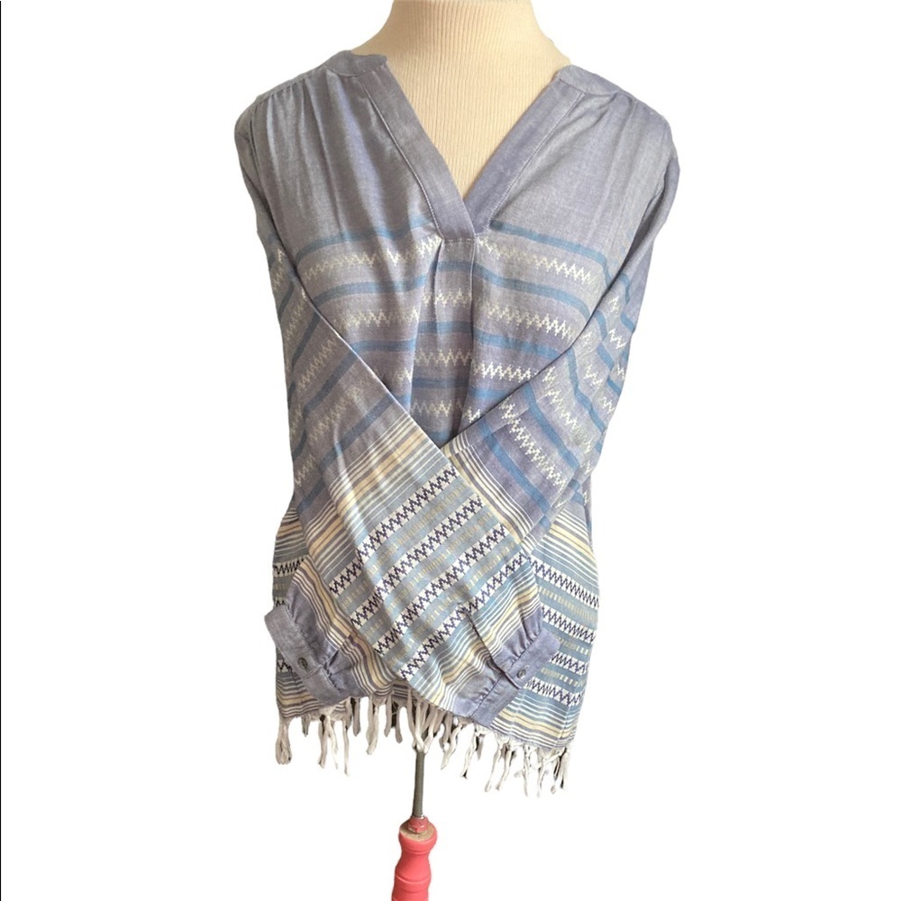 Dylan long sleeved Boho top with tie fringe. Size small. Denim blue/silver/gold - Picture 3 of 6
